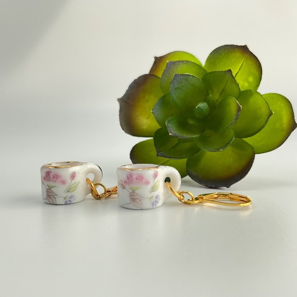Host Pick! Pink Floral Ceramic Miniature Tea Mug Earrings with a Pink Flower - Picture 5 of 9